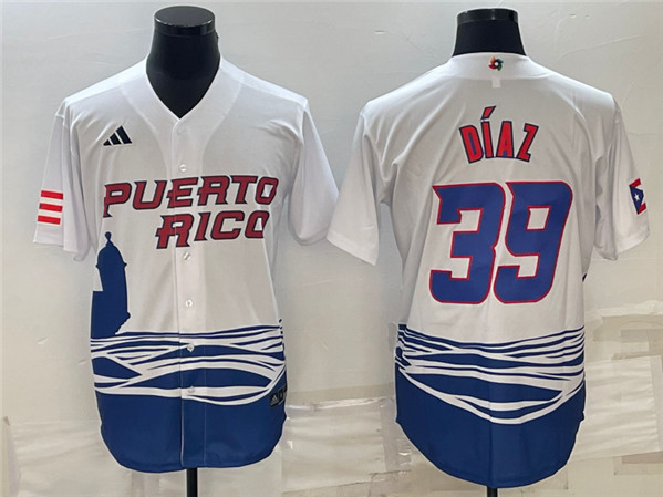 Men's Puerto Rico Baseball #39 Edwin D??az 2023 White World Baseball Classic Stitched Jersey